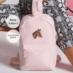 Horse embroidered rucksack, unisex horse bag, personalized horse gift, horse lover accessory, stylish embroidered bag, horse-themed backpack, spacious mini rucksack, school bag for horse lovers, lunch bag with horse embroidery, horse rider essentials, padded back rucksack, horse enthusiast gift, functional horse bag.