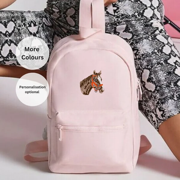 Horse embroidered rucksack, unisex horse bag, personalized horse gift, horse lover accessory, stylish embroidered bag, horse-themed backpack, spacious mini rucksack, school bag for horse lovers, lunch bag with horse embroidery, horse rider essentials, padded back rucksack, horse enthusiast gift, functional horse bag.