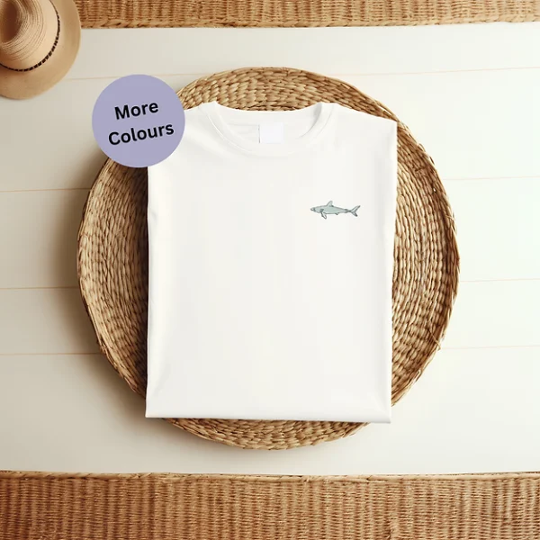Embroidered Shark T-shirt, Organic Shark T-shirt, Embroidered Shark Gift, Marine Life Clothing, Summer Vibes T-shirt, Sustainable Fashion, Ocean Lover Apparel, Unique Embroidered T-shirt, Shark Lover Gift Idea, Eco-Friendly Clothing, Sea Life Inspired Fashion