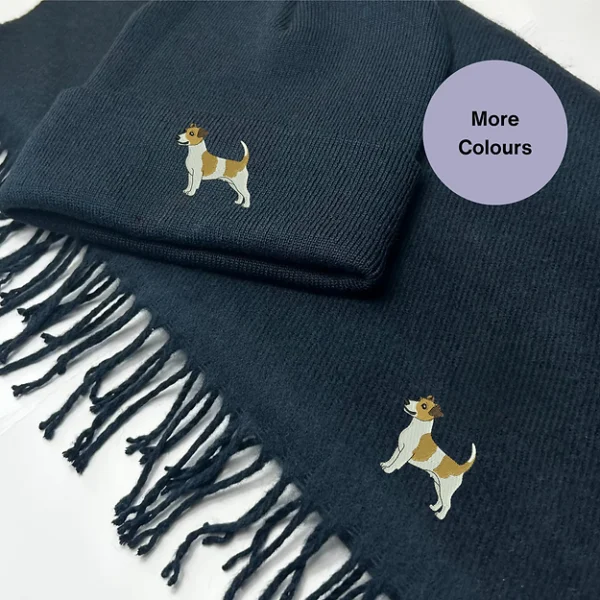 Jack Russell scarf and hat set, embroidered dog accessories, dog lover gift set, Jack Russell gift idea, cozy winter accessories, dog walker essentials, Jack Russell embroidered scarf, Jack Russell embroidered hat, matching scarf and hat, stylish dog-themed set, pet lover gift, warm embroidered gifts, Jack Russell fashion, cute dog lover accessories.