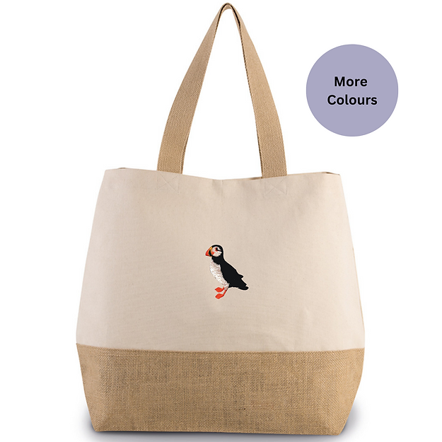 Embroidered Puffin Jute Bag