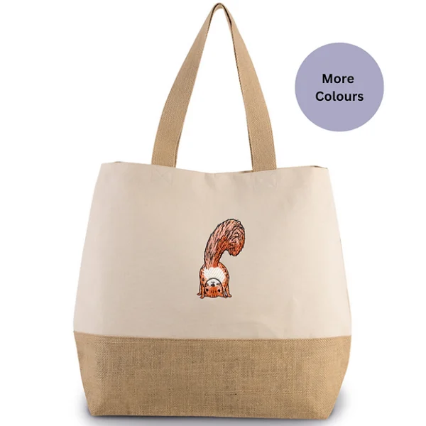 Squirrel Embroidered Jute Bag with woodland animal embroidery, perfect for shopping, beach trips, and everyday use.