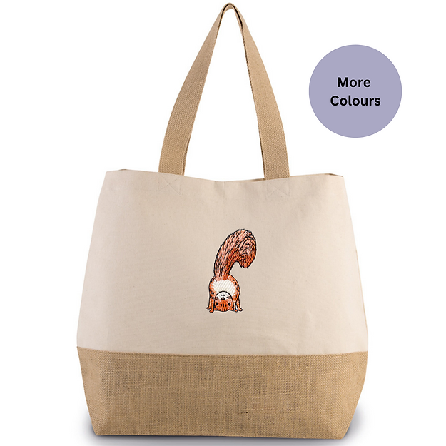 Squirrel Embroidered Jute Bag with woodland animal embroidery, perfect for shopping, beach trips, and everyday use.