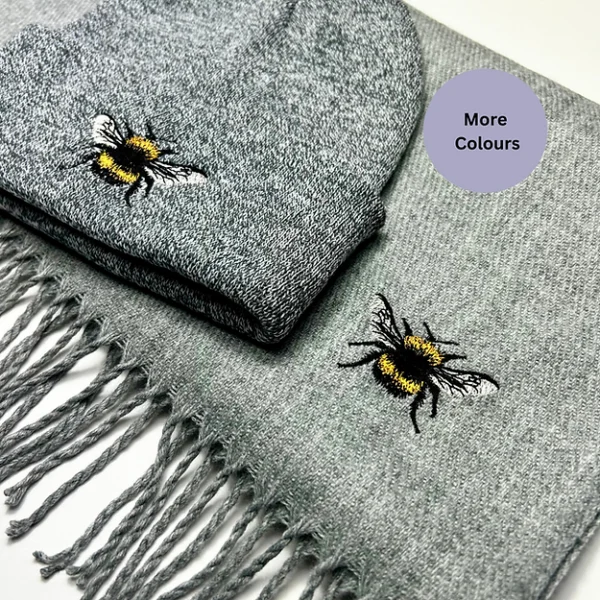 Bumble bee scarf and hat set, embroidered bee accessories, bee lover gift idea, cozy winter set, unisex embroidered set, bee-inspired fashion, embroidered bumble bee scarf, embroidered bumble bee hat, stylish nature-themed set, pet lover winter accessories, matching scarf and hat, warm embroidered gifts, vibrant winter accessories.