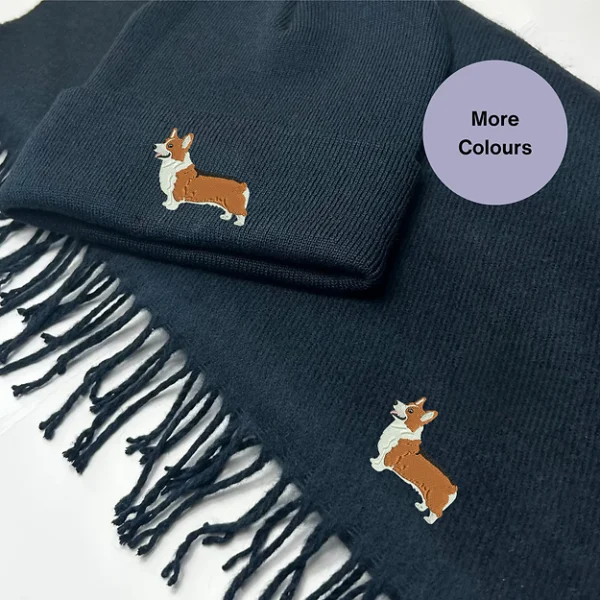 Corgi Dog Scarf and Hat Set, Corgi scarf and hat set, embroidered dog accessories, Corgi gift idea, cozy winter set, dog walker essentials, Corgi embroidered scarf, Corgi embroidered hat, stylish dog-themed set, pet lover gift, matching scarf and hat, warm embroidered gifts, Corgi fashion, dog lover winter accessories.