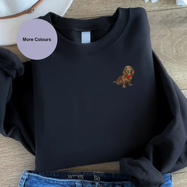 Sausage Dog Embroidered Sweatshirt featuring a detailed Dachshund design on the left chest, made from soft, high-quality fabric, perfect for dog lovers and casual wear enthusiasts.