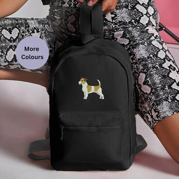 Jack Russell embroidered rucksack, dog lover backpack, unisex dog-themed bag, back-to-school rucksack, embroidered dog bag, stylish dog lover accessory, Jack Russell gift idea, mini essential backpack, cute dog rucksack, practical everyday bag, pet lover accessory, embroidered Jack Russell design