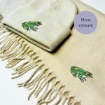 Matching Frog Embroidered Beanie Hat and Scarf Set featuring detailed frog embroidery, crafted from soft materials, perfect for frog lovers and winter fashion.