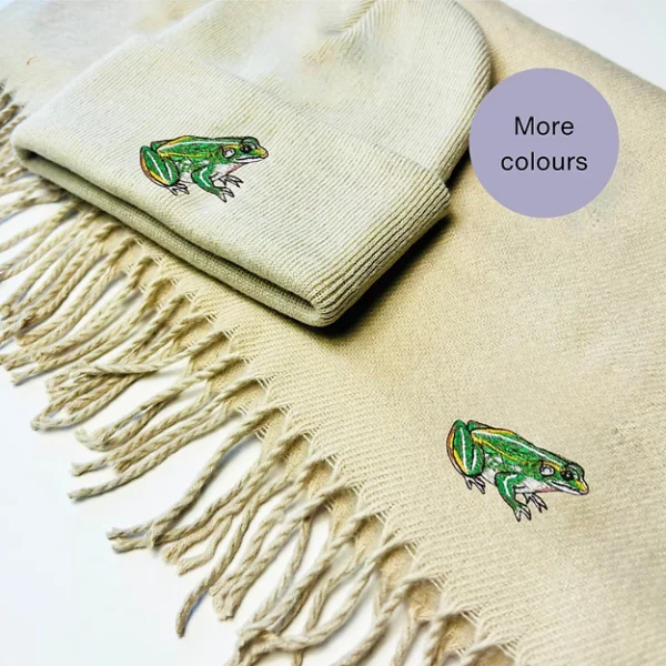 Matching Frog Embroidered Beanie Hat and Scarf Set featuring detailed frog embroidery, crafted from soft materials, perfect for frog lovers and winter fashion.