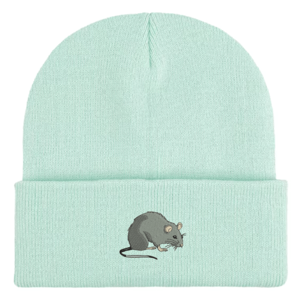 Embroidered Rat Beanie Hat featuring a detailed rat design, made from soft-touch acrylic, perfect for rat lovers and cozy winter fashion.