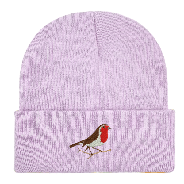 Robin Embroidered Slouchy Beanie in soft-touch fabric, featuring a detailed robin design, available in 14 colors, perfect for bird lovers and winter fashion.