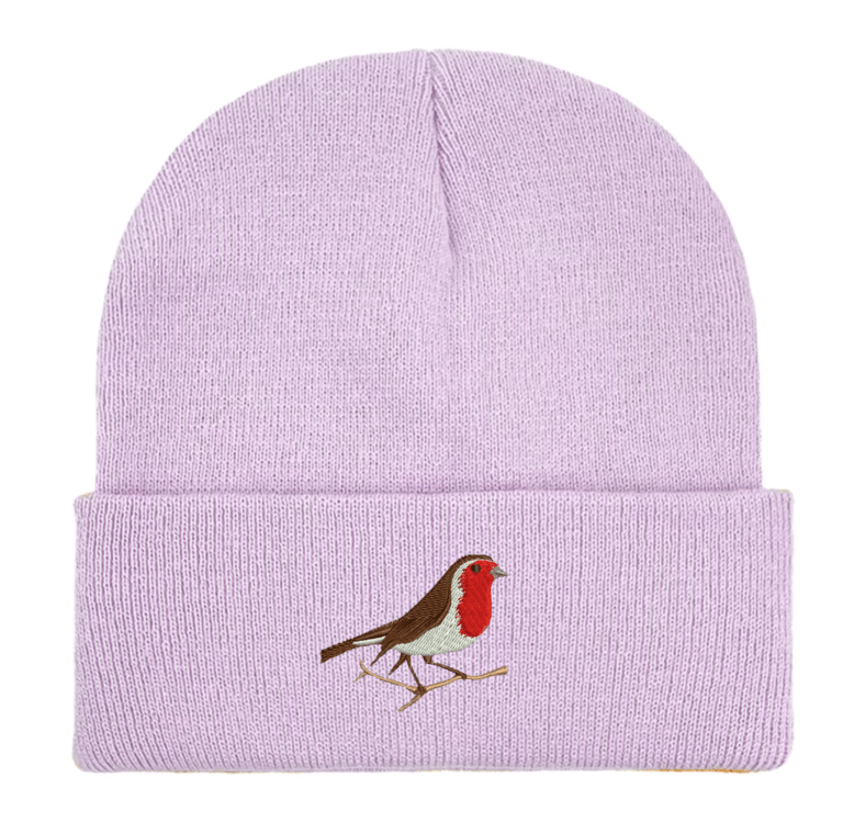 Robin Embroidered Slouchy Beanie in soft-touch fabric, featuring a detailed robin design, available in 14 colors, perfect for bird lovers and winter fashion.