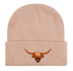Scottish Highland Cow Head Embroidered Beanie Hat in soft-touch acrylic, perfect for farm animal lovers and winter coziness