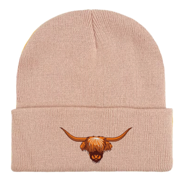 Scottish Highland Cow Head Embroidered Beanie Hat in soft-touch acrylic, perfect for farm animal lovers and winter coziness