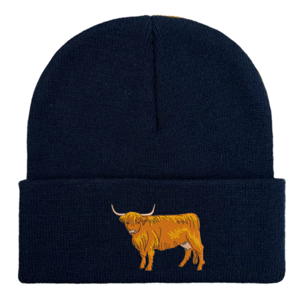 cottish Highland Cow Embroidered Beanie Hat in soft-touch acrylic, perfect for farm animal lovers and winter warmth