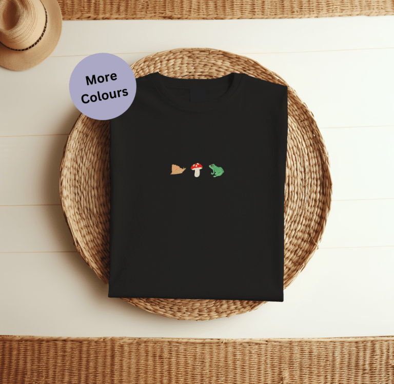 Snail Frog & Mushroom Embroidered T-Shirt, snail frog mushroom T-shirt, cottagecore embroidered tee, organic cotton nature T-shirt, whimsical embroidered tee, eco-friendly fashion, unisex embroidered T-shirt, sustainable nature apparel, nature lovers gift, embroidered snail shirt, frog mushroom design T-shirt, unique nature-inspired tee