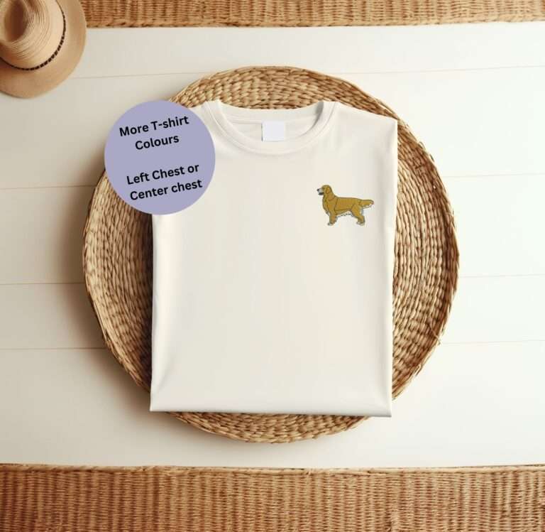 Golden Retriever Embroidered T-shirt, Golden Retriever T-Shirt, Embroidered Dog Design, Organic Cotton T-Shirt, Eco-Friendly Clothing, Unisex Dog Lover Shirt, Golden Retriever Lover Gift, Custom Embroidered T-Shirt, Comfortable Summer Tee, Dog Lover Apparel, Playful Pet Design, Stylish Dog Lover Outfit, Unique Dog Gift, Handmade Dog T-Shirt, Golden Retriever Enthusiast Apparel, Sustainable Fashion