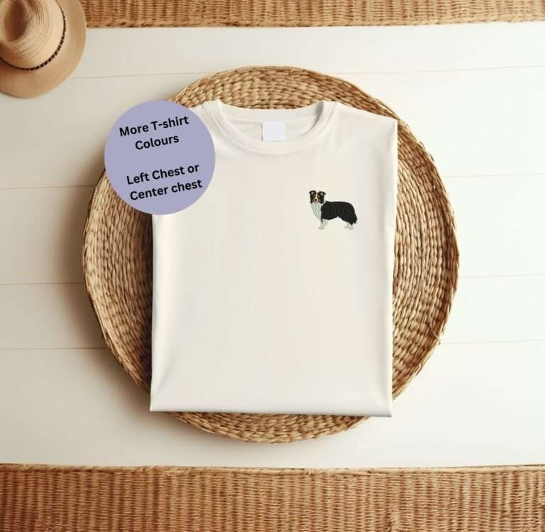 Border Collie Embroidered T-shirt, Border Collie T-Shirt, Embroidered Dog Design, Organic Cotton T-Shirt, Eco-Friendly Clothing, Unisex Dog Lover Shirt, Border Collie Lover Gift, Custom Embroidered T-Shirt, Comfortable Summer Tee, Dog Lover Apparel, Playful Pet Design, Stylish Dog Lover Outfit, Unique Dog Gift, Handmade Dog T-Shirt, Border Collie Enthusiast Apparel, Sustainable Fashion