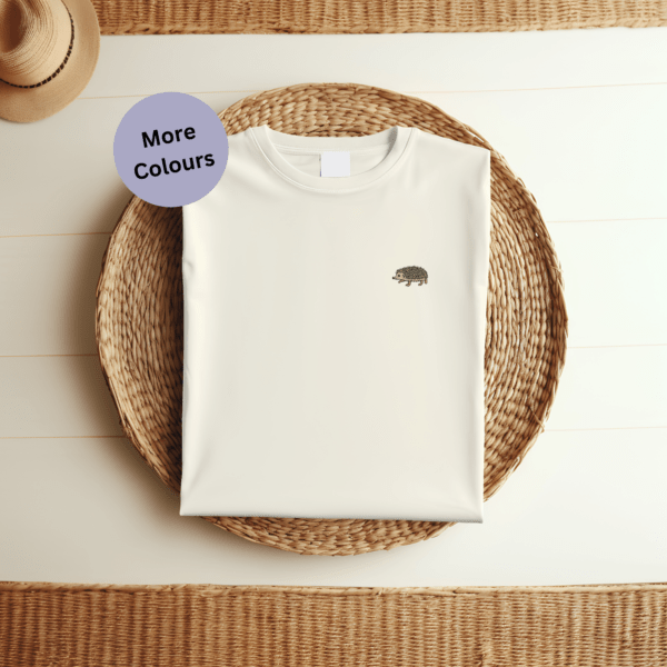 Hedgehog Embroidered T-Shirt – Soft, 100% organic cotton unisex tee featuring a small, embroidered hedgehog on the left chest. Perfect for nature and wildlife lovers