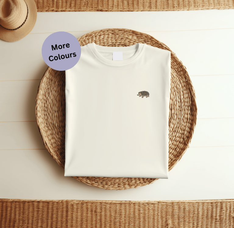 Hedgehog Embroidered T-Shirt – Soft, 100% organic cotton unisex tee featuring a small, embroidered hedgehog on the left chest. Perfect for nature and wildlife lovers