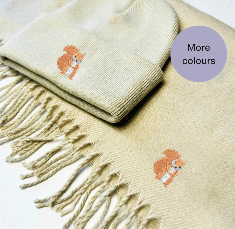 Squirrel  Scarf and Beanie Hat Set, A cozy winter scarf and beanie hat set featuring an intricately embroidered squirrel design. Available in red, natural, navy blue, black, and grey, this unisex set is perfect for squirrel lovers, offering warmth and style for chilly days