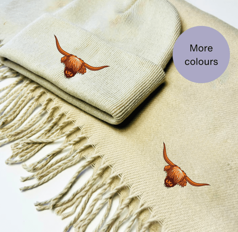 Highland cow scarf and beanie hat