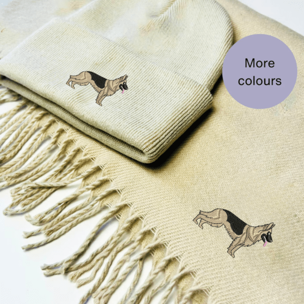 German Shepherd Scarf and Beanie Hat. Embroidered dog gift ideas