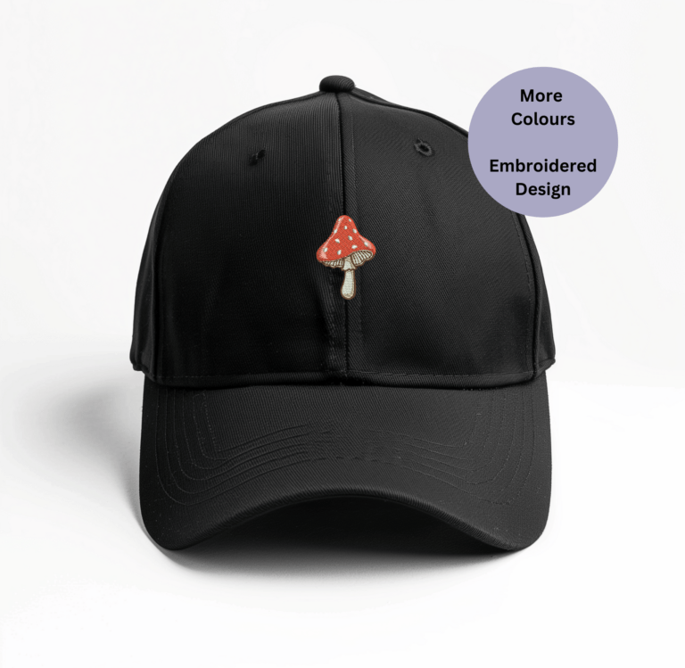 Embroidered mushroom cap made from 100% cotton drill, featuring a detailed mushroom design, perfect for nature lovers