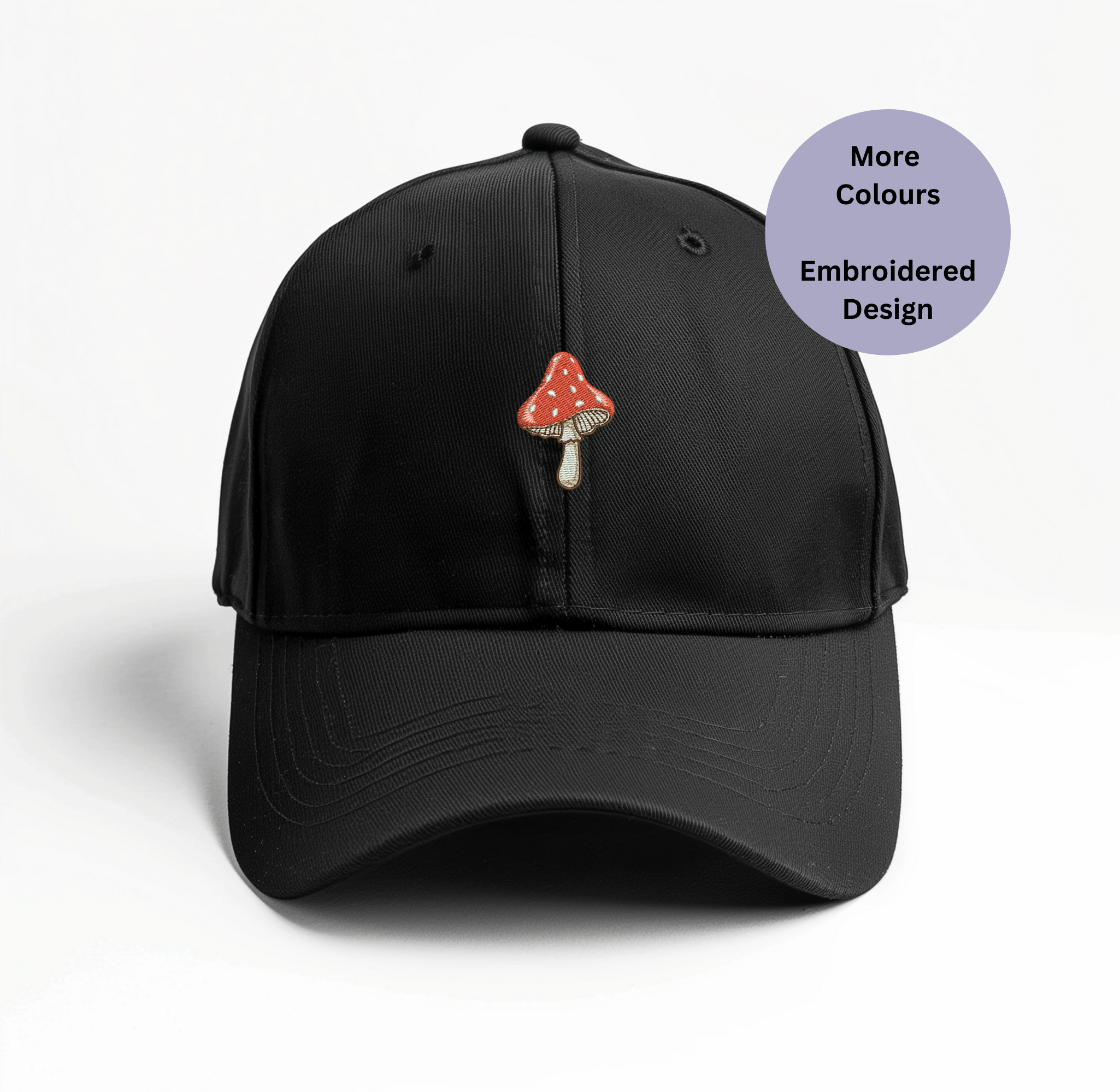 Embroidered mushroom cap made from 100% cotton drill, featuring a detailed mushroom design, perfect for nature lovers