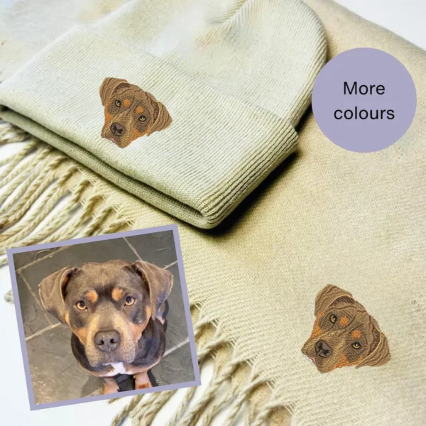 Pet embroidered Scarf and Hat Set, Custom Pet Embroidery, Personalized Winter Accessories, Pet Beanie Hat, Pet Scarf Set, Custom Pet Portrait Gifts, Cozy Winter Pet Outfit, Unique Pet Gifts, Custom Winter Set for Pets, Embroidered Pet Accessories, Warm and Stylish Pet Wear, Customised Pet Winter Gear, Handmade Pet Accessories, Adorable Pet Winter Set, Pet Lover Gifts, One-of-a-Kind Pet Accessories