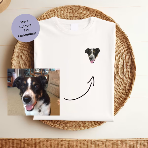 Custom Embroidered Pet T-Shirts, Personalised Pet T-Shirts, Pet Portrait Embroidery, Custom Pet Clothing, Dog Lover T-Shirt, Cat Lover T-Shirt, Unique Pet Gift, Embroidered Pet Apparel, Custom Pet Garment, Pet Lover Clothing, Stylish Pet T-Shirt, Personalized Pet Wear, Gift for Animal Lovers, Custom Pet Accessories, Pet-Themed Wardrobe.