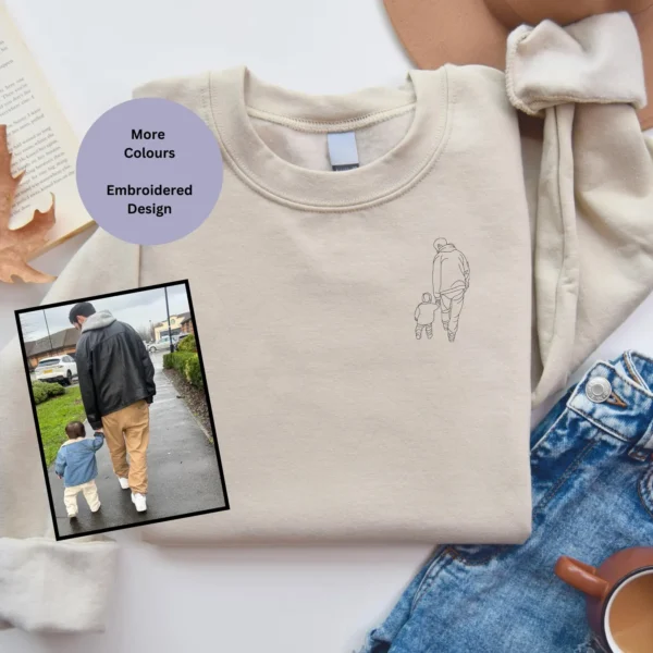 Sketch outline portrait sweatshirt, custom embroidered sweatshirt, personalised pet sweatshirt, unique gift idea, Father's Day gift, embroidered portrait sketch, unisex sweatshirt, soft cotton sweatshirt, brushed back fleece, lined art embroidery, custom pet design, special occasion gift, cotton polyester blend, stylish sweatshirt, pet lover gift, embroidered clothing, wardrobe upgrade, handmade embroidery, custom pet portrait, embroidered gift ideas, personalised clothing.