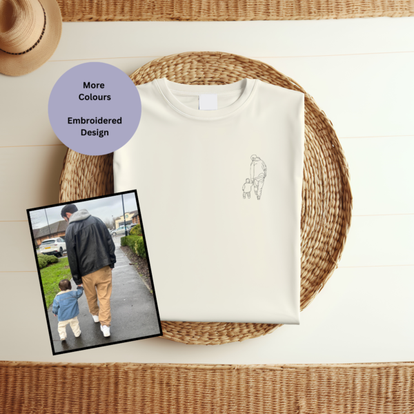 Line art photo portrait embroidered T-shirts, custom portrait t-shirt, embroidered customised t-shirt, personalised gift idea, bespoke embroidered art, unique line drawing design, custom image embroidery, high-quality fabric t-shirt, memorable gift, personalised clothing, custom artwork apparel, embroidered gift idea, bespoke t-shirt design, skilled embroidery artists, personalised portrait shirt, unique gift for loved ones, custom embroidered clothing.