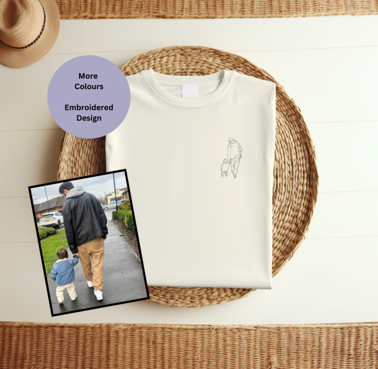 Line art photo portrait embroidered T-shirts, custom portrait t-shirt, embroidered customised t-shirt, personalised gift idea, bespoke embroidered art, unique line drawing design, custom image embroidery, high-quality fabric t-shirt, memorable gift, personalised clothing, custom artwork apparel, embroidered gift idea, bespoke t-shirt design, skilled embroidery artists, personalised portrait shirt, unique gift for loved ones, custom embroidered clothing.