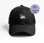 Pug embroidered cap, Unisex embroidered Pug cap made from 100% cotton drill, perfect for dog lovers and walkers", "Lightweight and breathable 6-panel Pug cap with pre-curved peak and adjustable back strap", "Close-up of the embroidered Pug design on a stylish unisex cotton cap", "Pug-inspired cap for animal enthusiasts, featuring stitched ventilation eyelets for comfort", "Adjustable unisex Pug cap, ideal for pet owners and unique gift ideas
