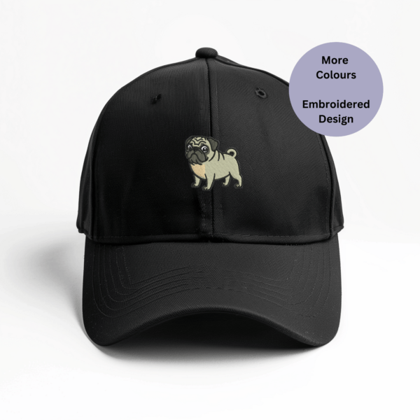 Pug embroidered cap, Unisex embroidered Pug cap made from 100% cotton drill, perfect for dog lovers and walkers", "Lightweight and breathable 6-panel Pug cap with pre-curved peak and adjustable back strap", "Close-up of the embroidered Pug design on a stylish unisex cotton cap", "Pug-inspired cap for animal enthusiasts, featuring stitched ventilation eyelets for comfort", "Adjustable unisex Pug cap, ideal for pet owners and unique gift ideas