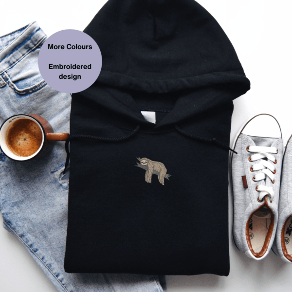 Sloth Embroidered Hoodie in soft fabric, featuring a detailed sloth embroidery design on the chest, perfect for sloth lovers and casual wear.