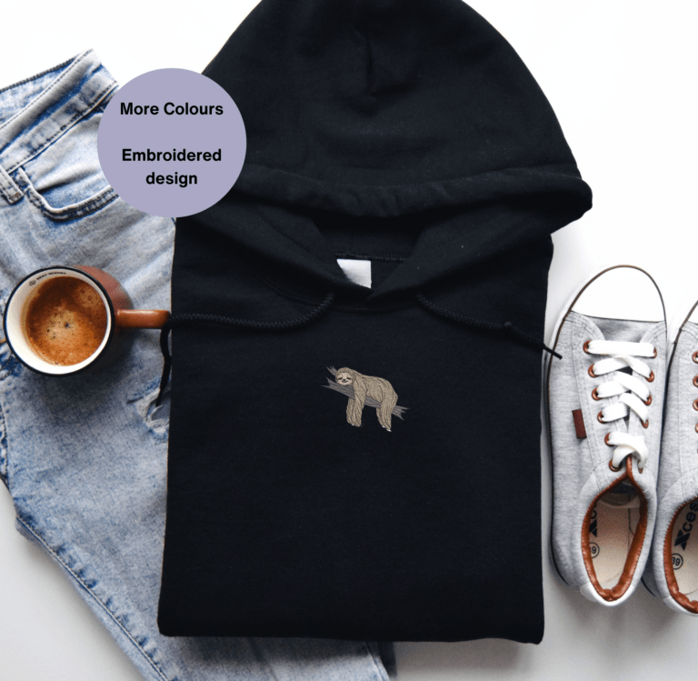 Sloth Embroidered Hoodie in soft fabric, featuring a detailed sloth embroidery design on the chest, perfect for sloth lovers and casual wear.