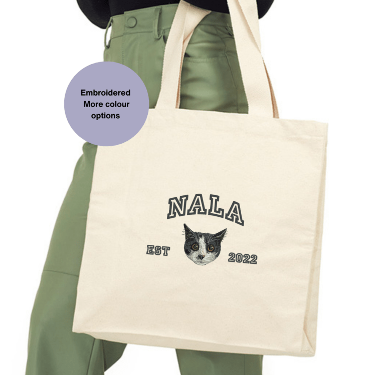 Custom embroidered tote bag featuring a detailed pet portrait with name and birthdate, perfect gift for pet lovers