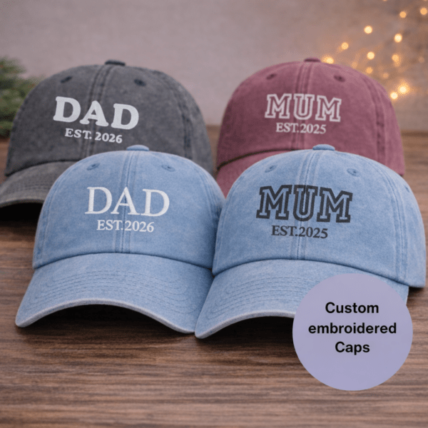 Personalised mum and dad embroidered caps with EST year on washed cotton baseball hats