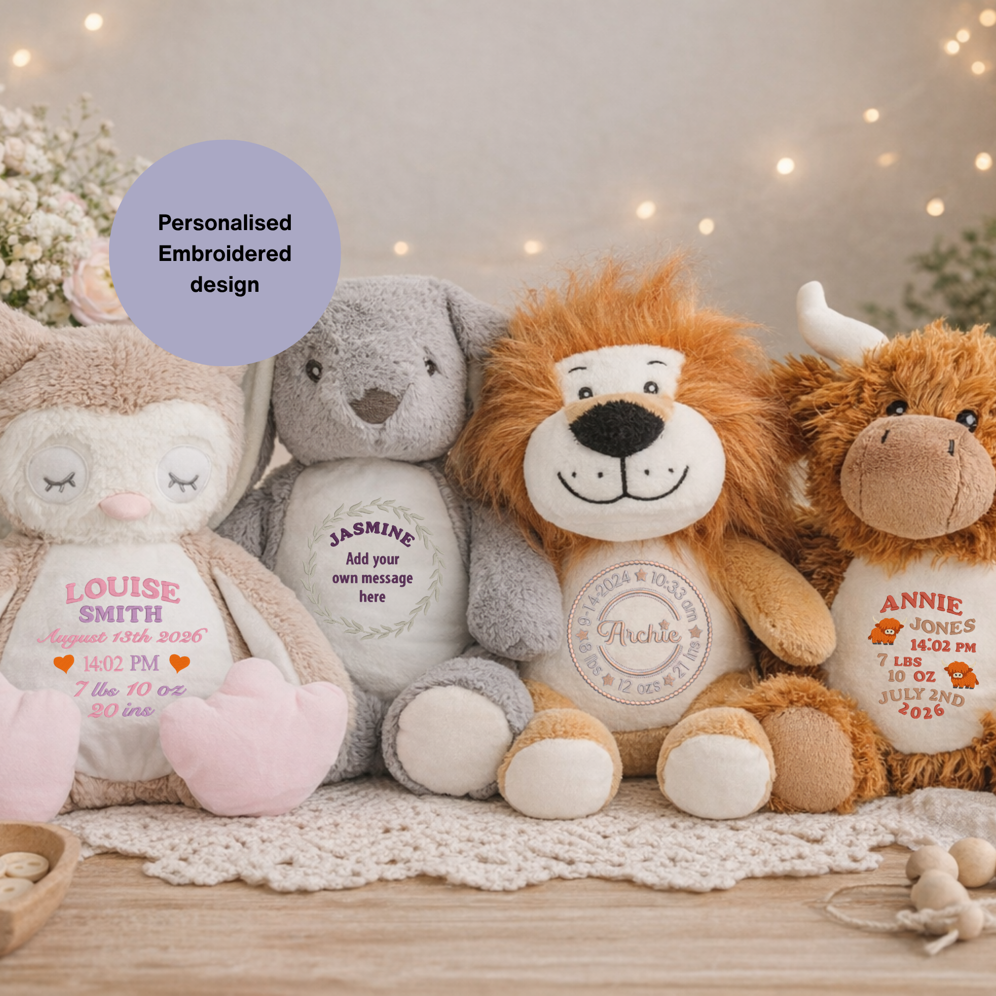 Personalised Embroidered Plush Toy, New born Keepsake